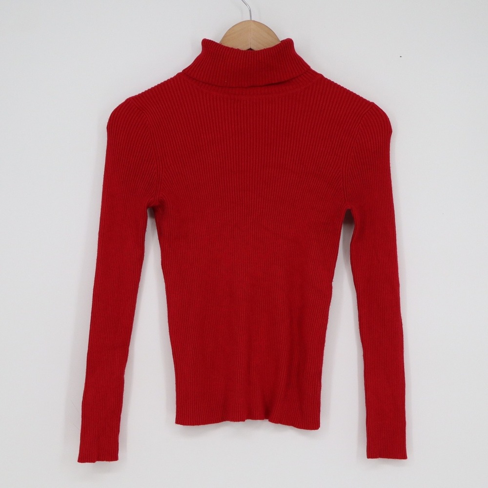 Ambiance Apparel Red Ribbed Turtleneck Sweater Long Sleeve Slim Fit Women L